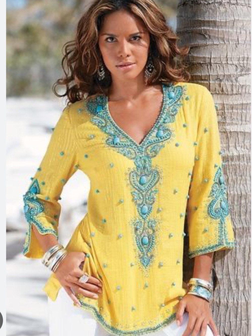 Boston Proper Yellow V-Neck Embellished Tunic with Teal Accent